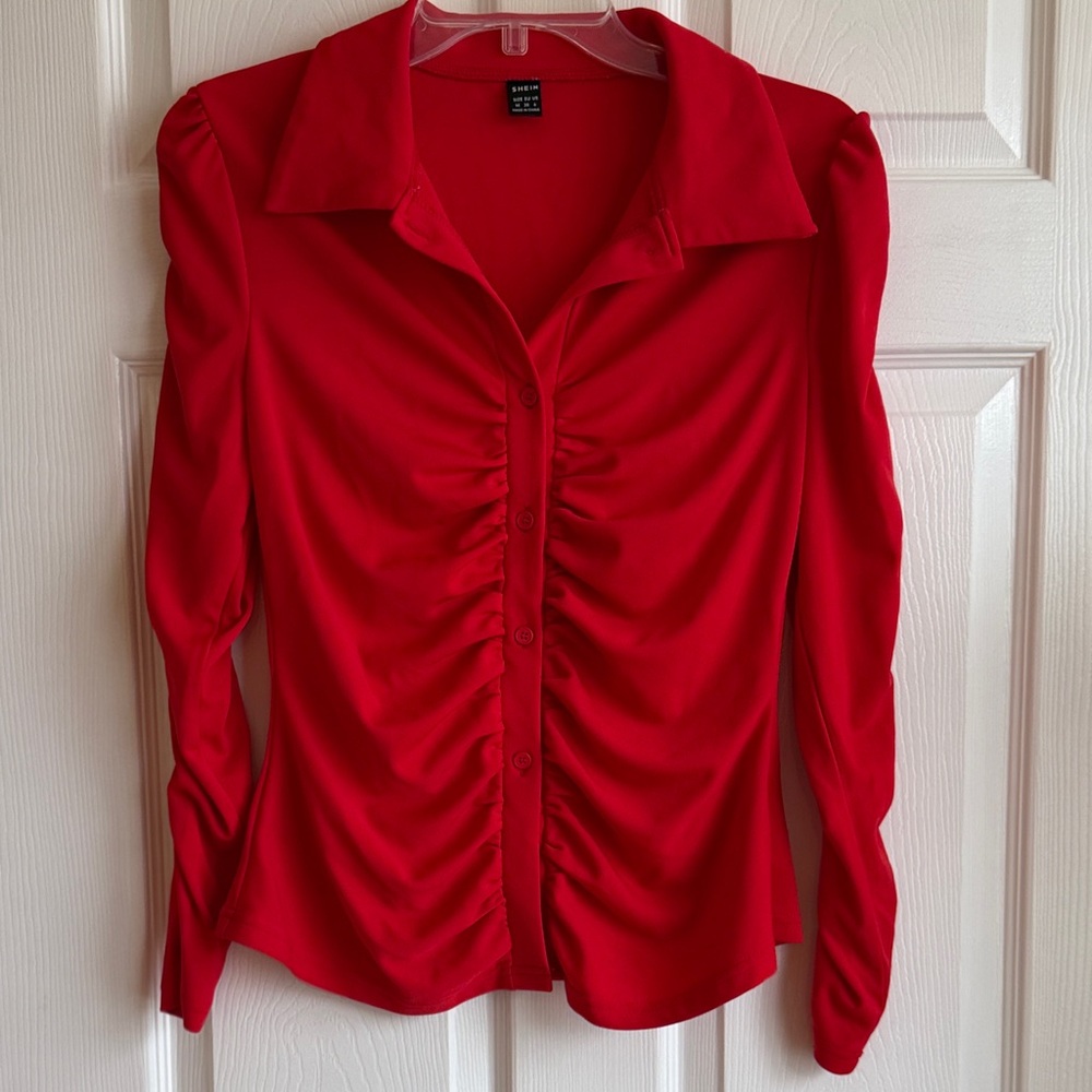 SHEIN Red Button-Down Ruched Shirt